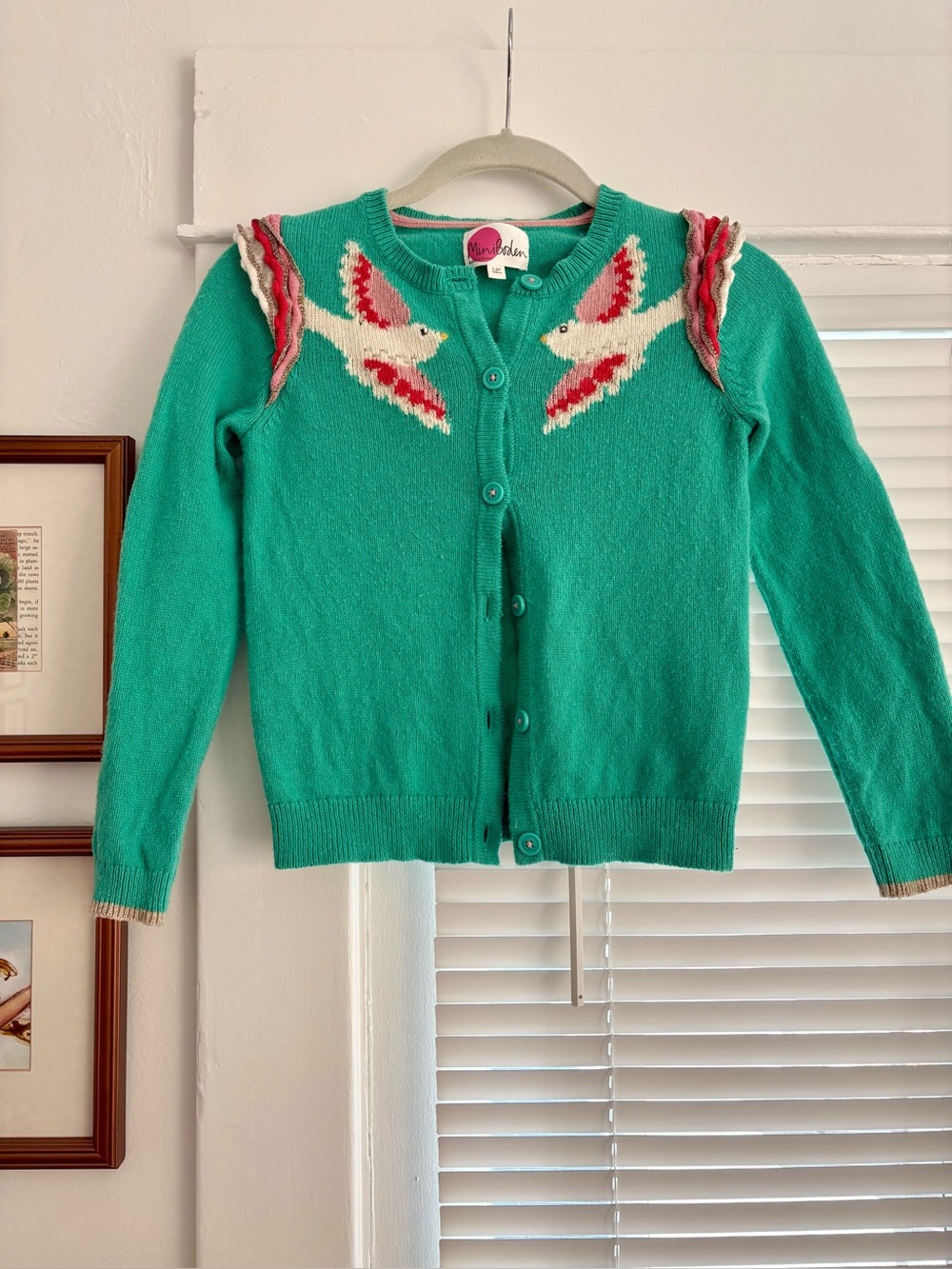Mini Boden Girls Green Cardigan with Birds & Ruffles